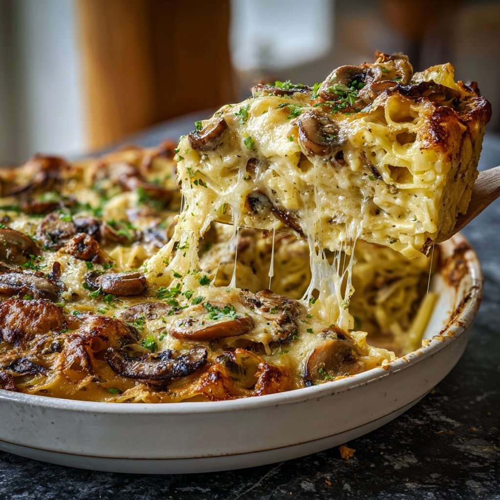 Vegetarischer Nudelauflauf mit Pilzen